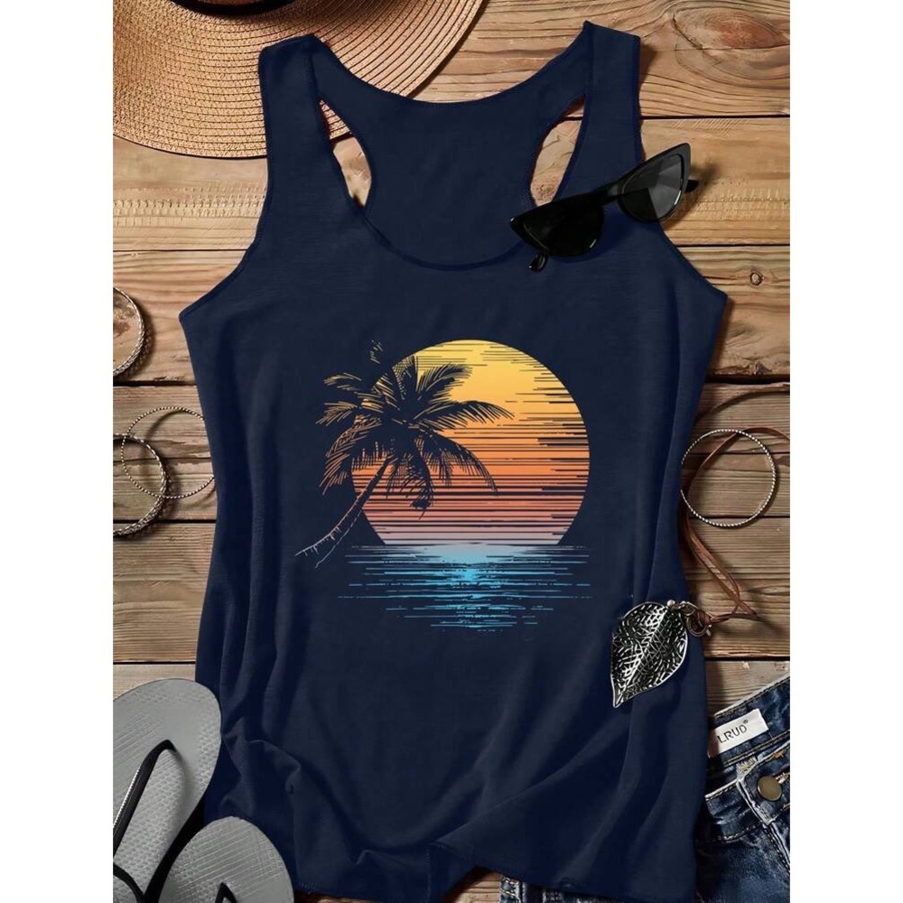 Tropical Sunset Palm Tree Racerback Tank Top Navy Blue